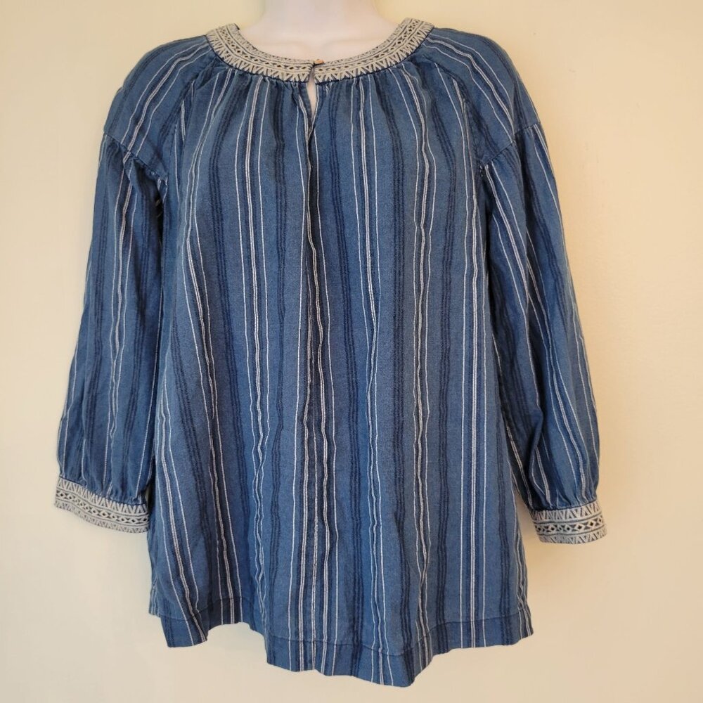 Massimo Dutti Boho Striped Tunic Top S Blue White Embroidered Keyhole Denim